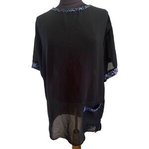 Jantzen Black, Sheer Beach Coverup With Multicolored bordered Neckline Sleeves